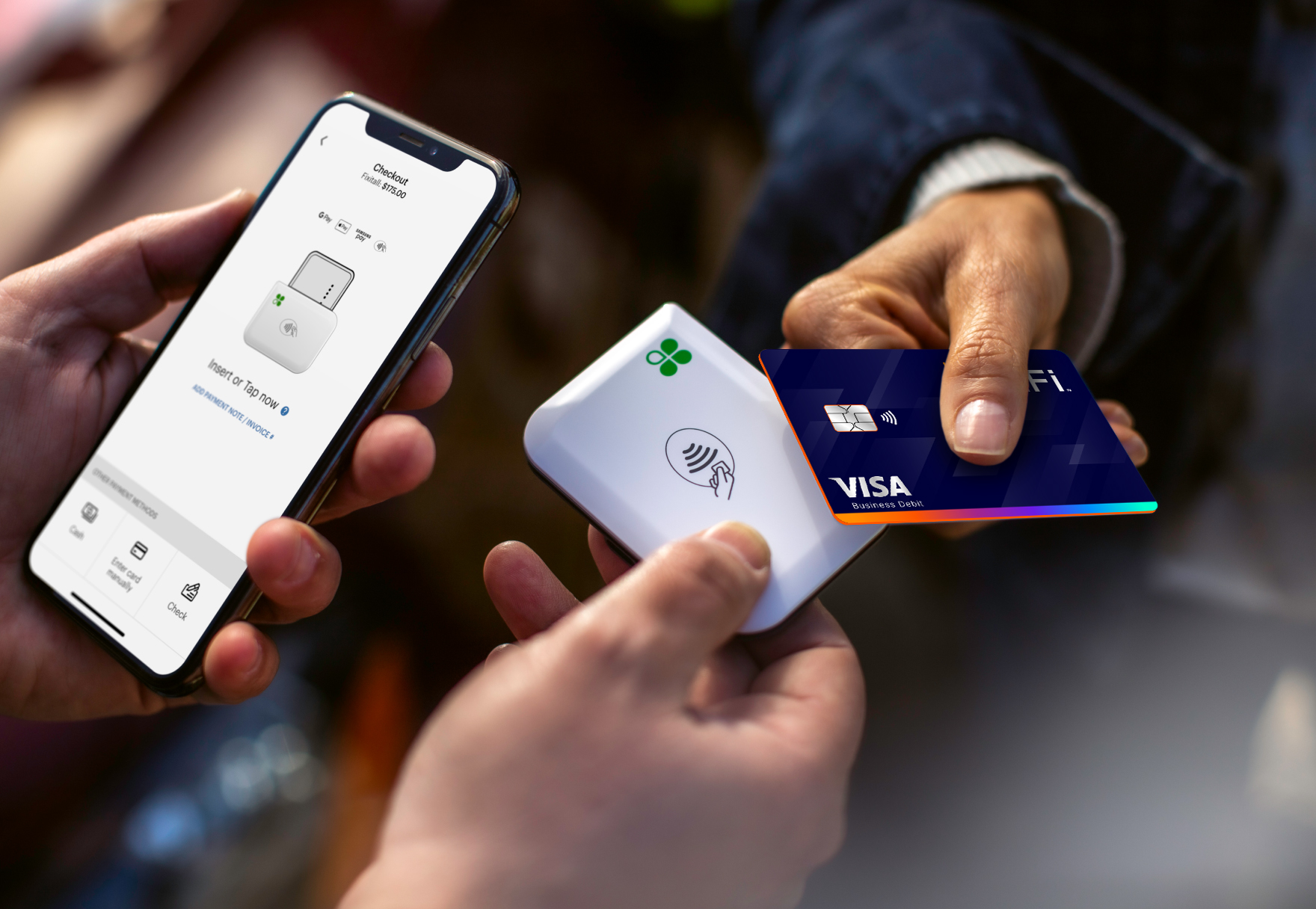ZiFi debit card tapping Clover handheld payment terminal