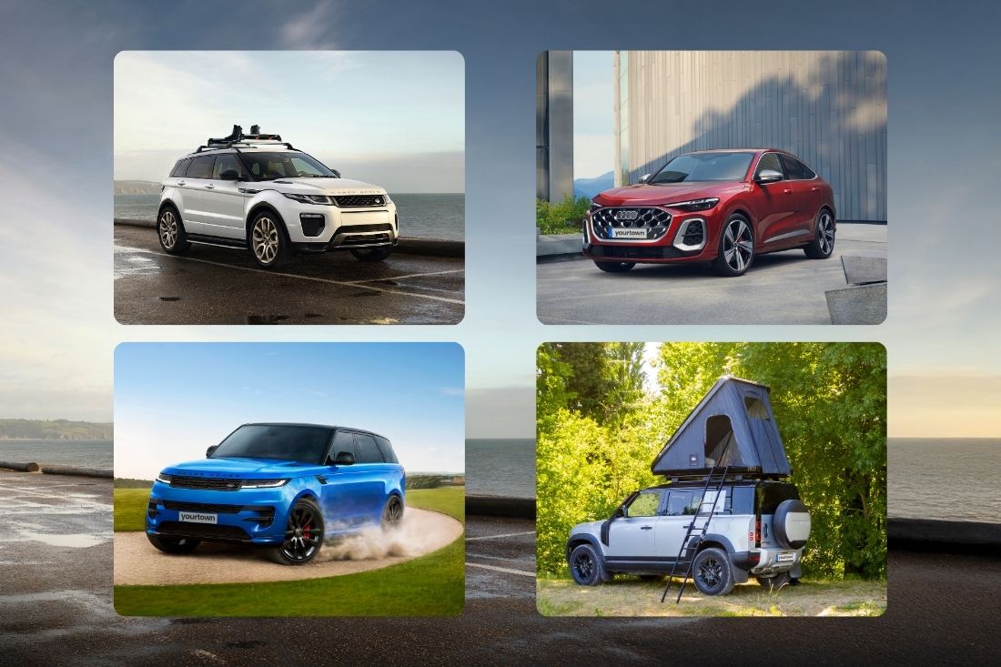 White Range Rover, Red Audi, Blue Range Rover and Grey Land Rover Defender with camper on top