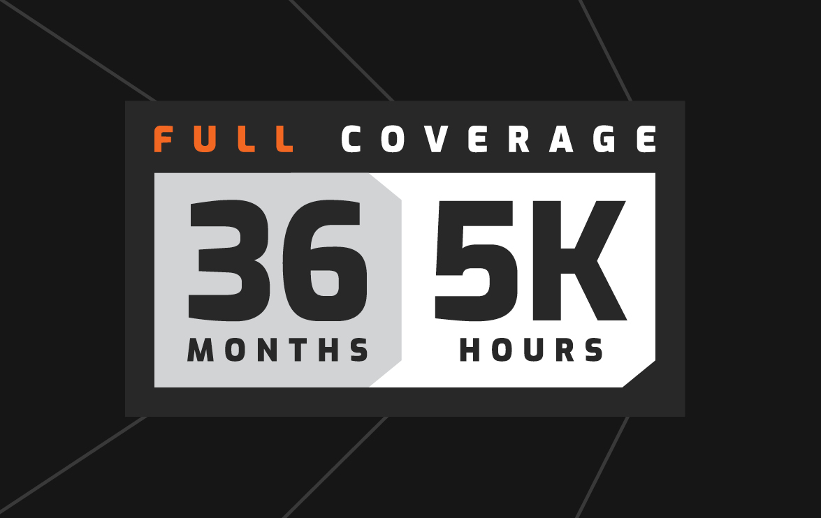 DEVELON equipment warranty graphic representing 3-year, 5,000-hour full coverage.