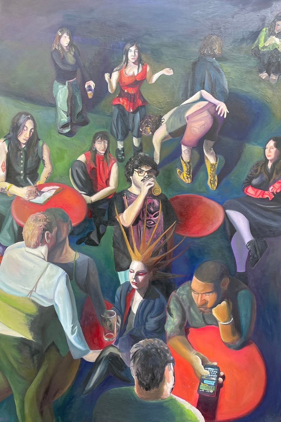 Vibrant painting of people gathered around red tables in social scene