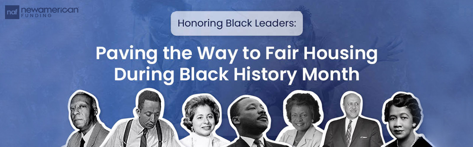 A graphic with photos of various Black leaders who advocated for fair housing including Dr. King and Dorothy Height