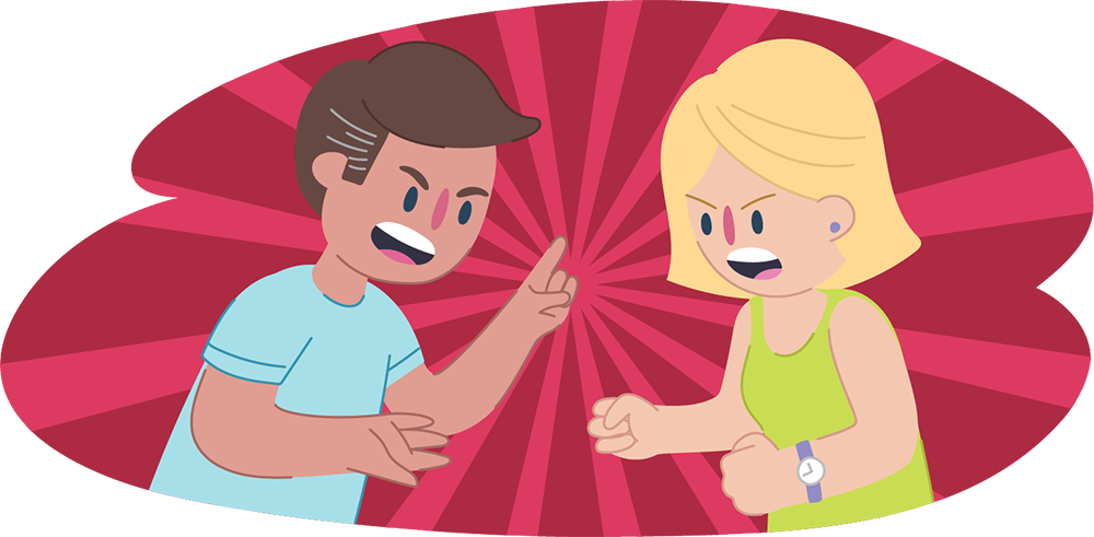 Illustration of two people looking angry while facing each other with raised hands and pointed fingers, set against a red background with radiating lines.