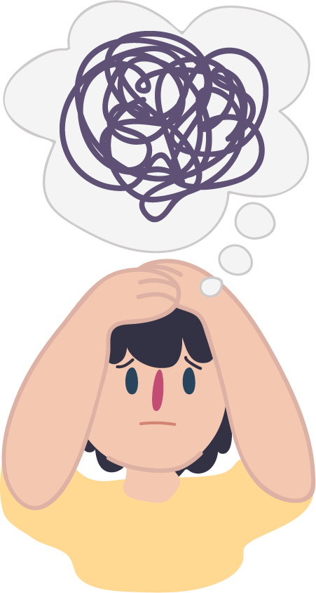 A person with a tangle of thoughts coming out of their head.