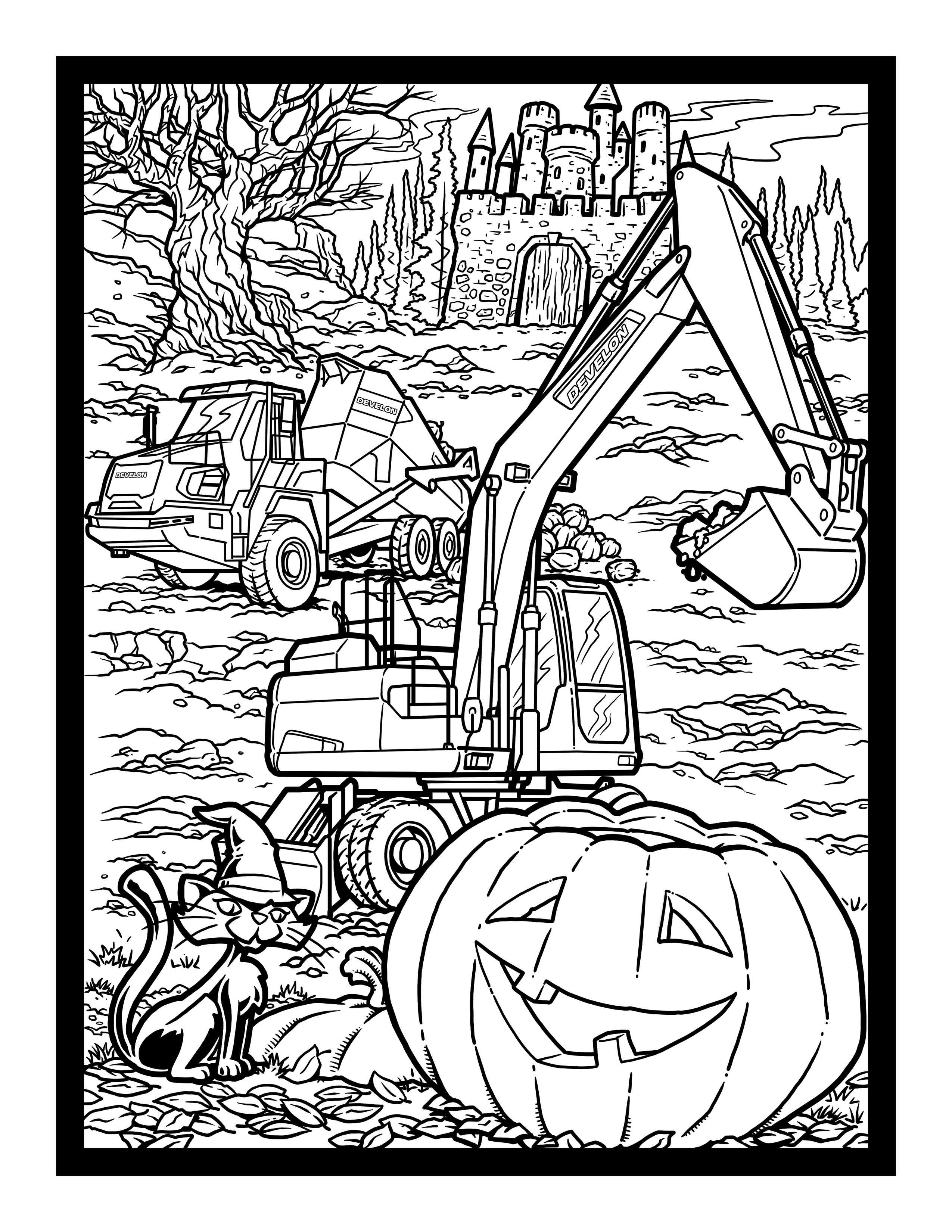 Halloween coloring page with two DEVELON machines, cat and pumpkin. 