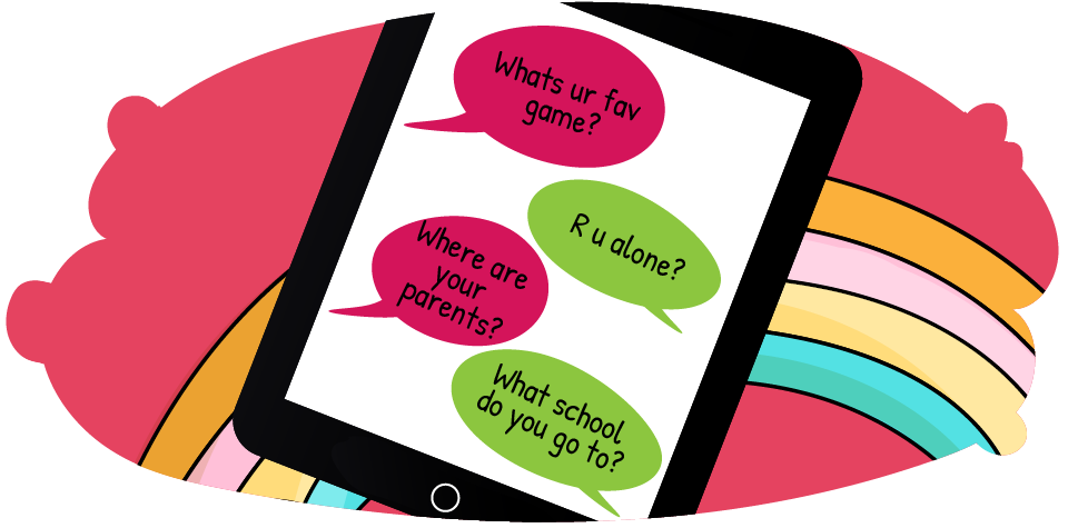 Illustration of a mobile phone displaying chat messages. The messages read “What’s ur fav game?”, “Where are your parents?”, “R u alone?”, and “What school do you go to?”.