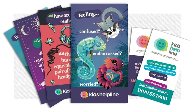A collection of cards featuring illustrations and the Kids Helpline logo