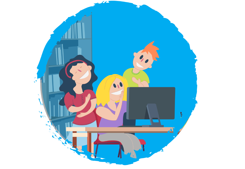 A group of children in a library and smiling while looking at a computer screen.