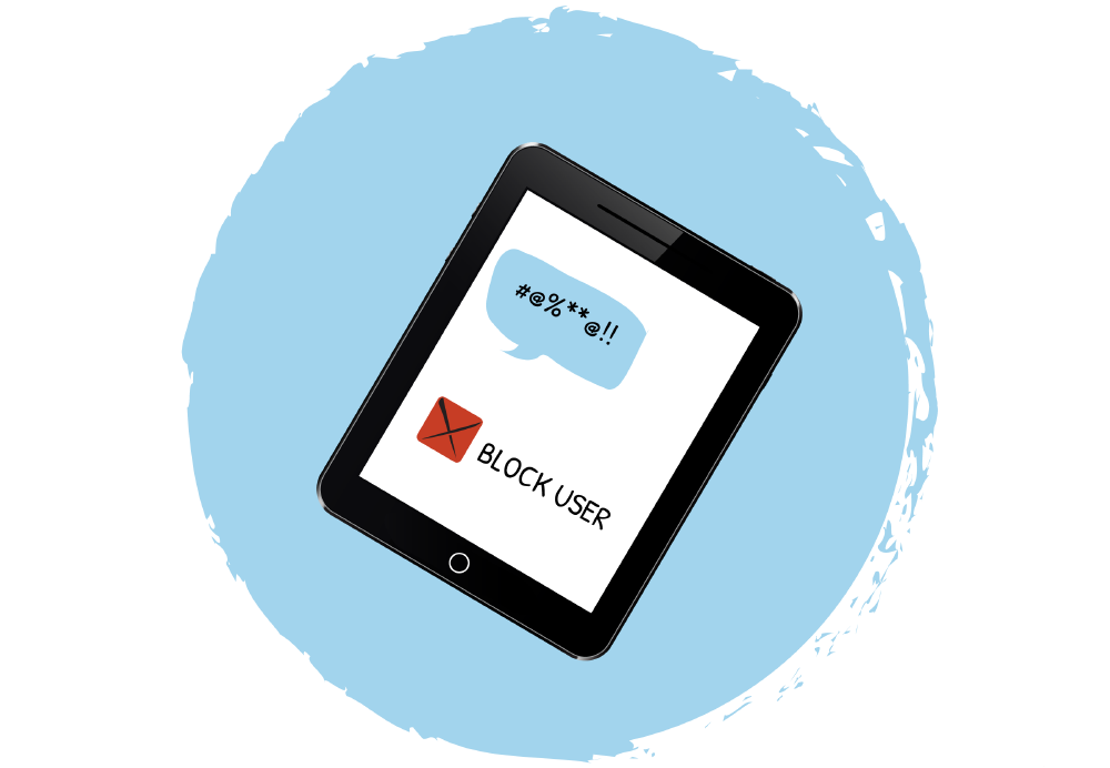 A tablet screen showing a message and the words “Block user”.