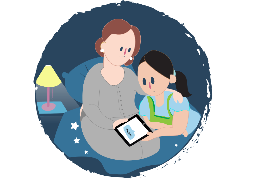 An adult and a child sitting together and looking at a message on a tablet.