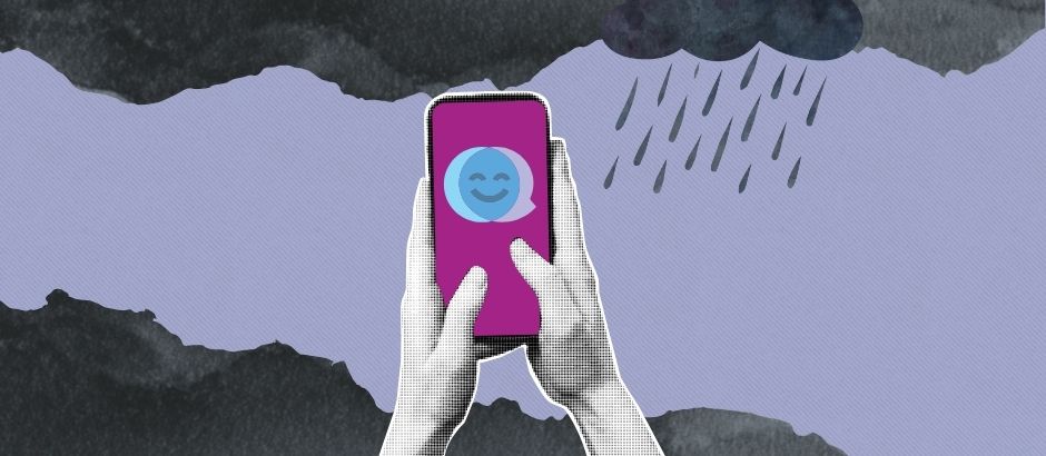 A phone held up with the Kids Helpline smile on it. Behind are collage clouds.