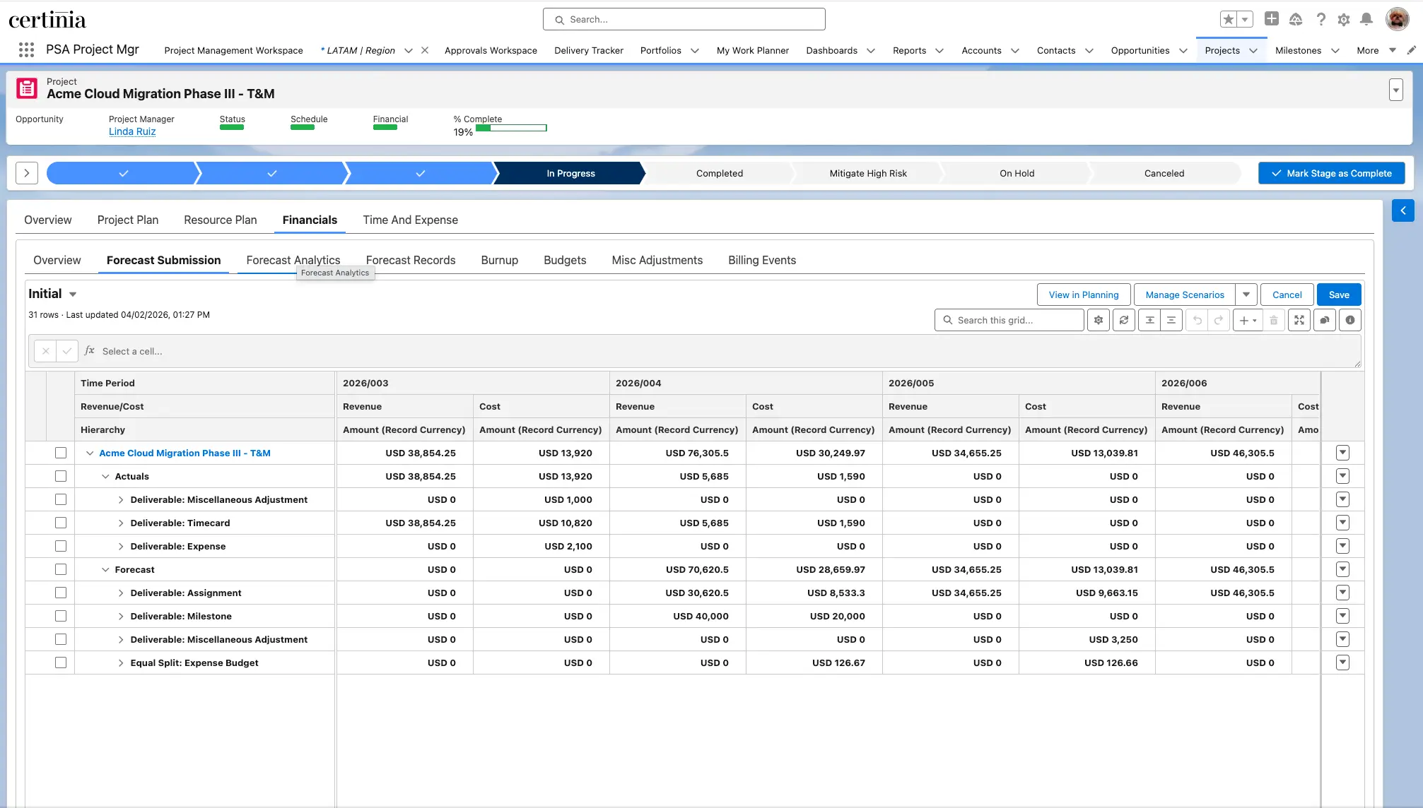 The Project Level Forecast embeds directly on the project record, giving project managers real-time visibility into cost and revenue by month. PMs can add adjustments for change requests, staffing changes, or any expected shifts not yet captured in source data.