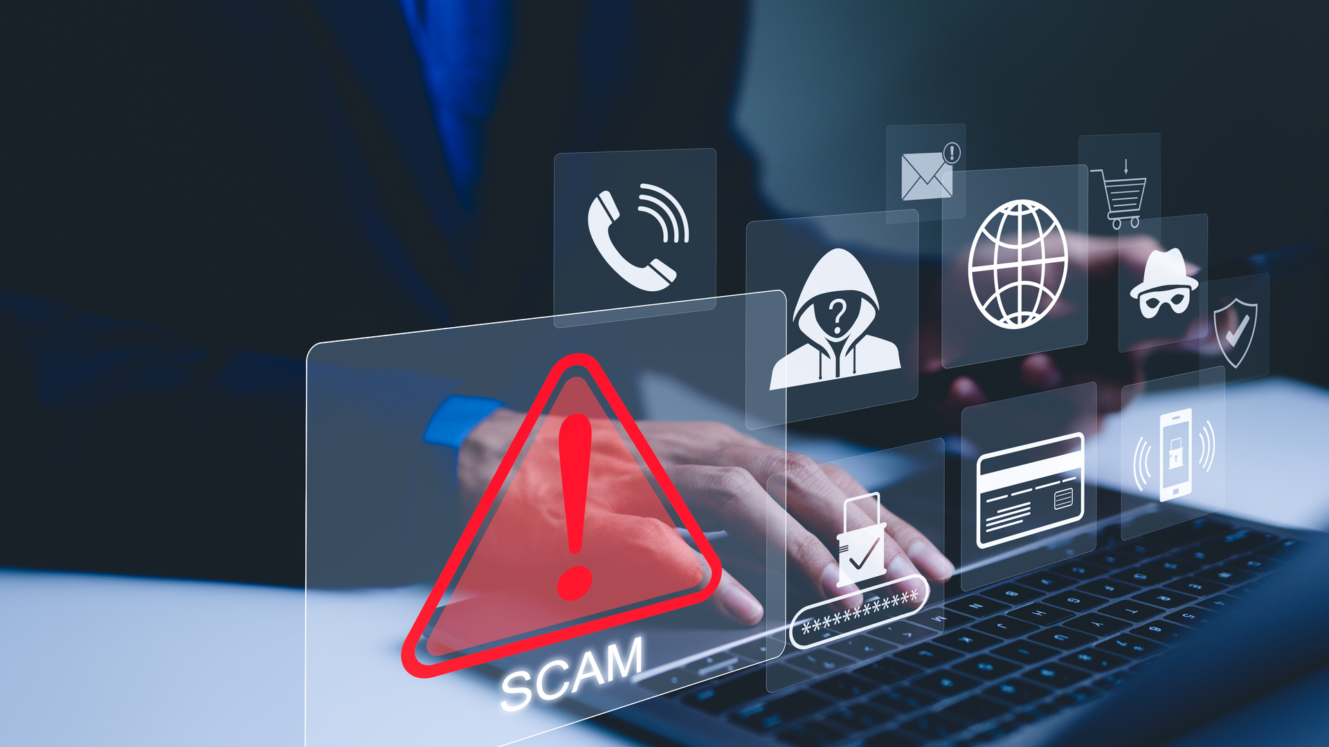 Scam Alert Warning with Cybersecurity Icons. A person using laptop, warning sign for scams with icons representing online threats, phishing, and cybersecurity. Unknown person, suspicious scammer,