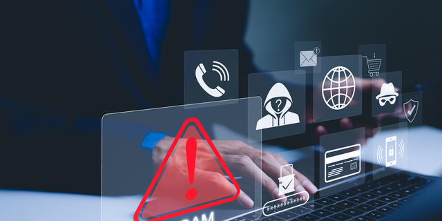 Scam Alert Warning with Cybersecurity Icons. A person using laptop, warning sign for scams with icons representing online threats, phishing, and cybersecurity. Unknown person, suspicious scammer,
