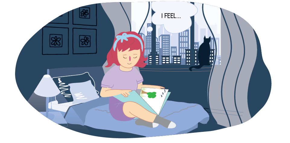 Illustration of a person sitting on a bed reading a notebook. A speech bubble above reads “I FEEL…”. A window shows a city skyline with a cat sitting on the ledge.