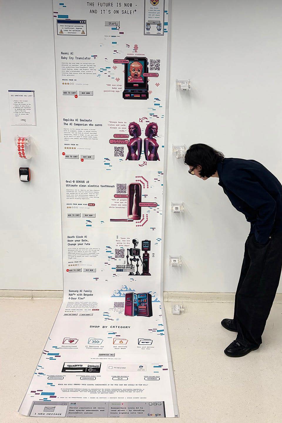 A student inspects a piece in the Future AI Artifacts exhibit.