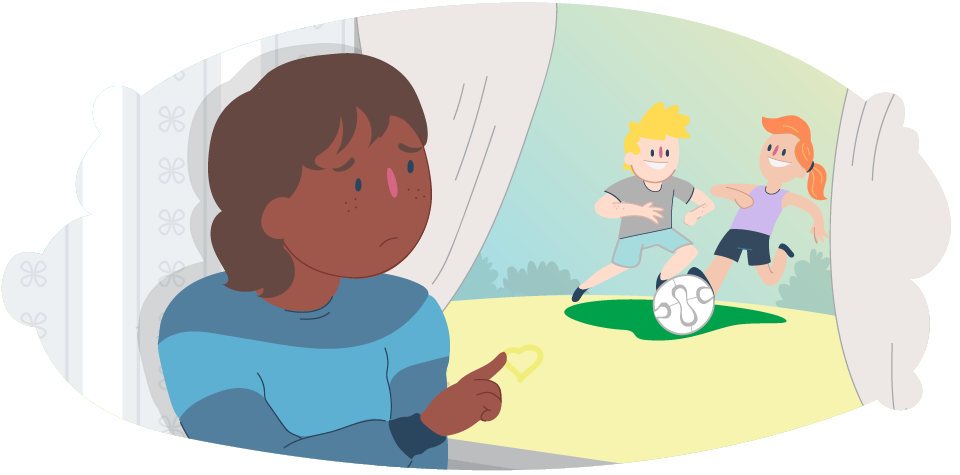Illustration of a child standing indoors by a window, pointing towards two children playing with a ball outside.