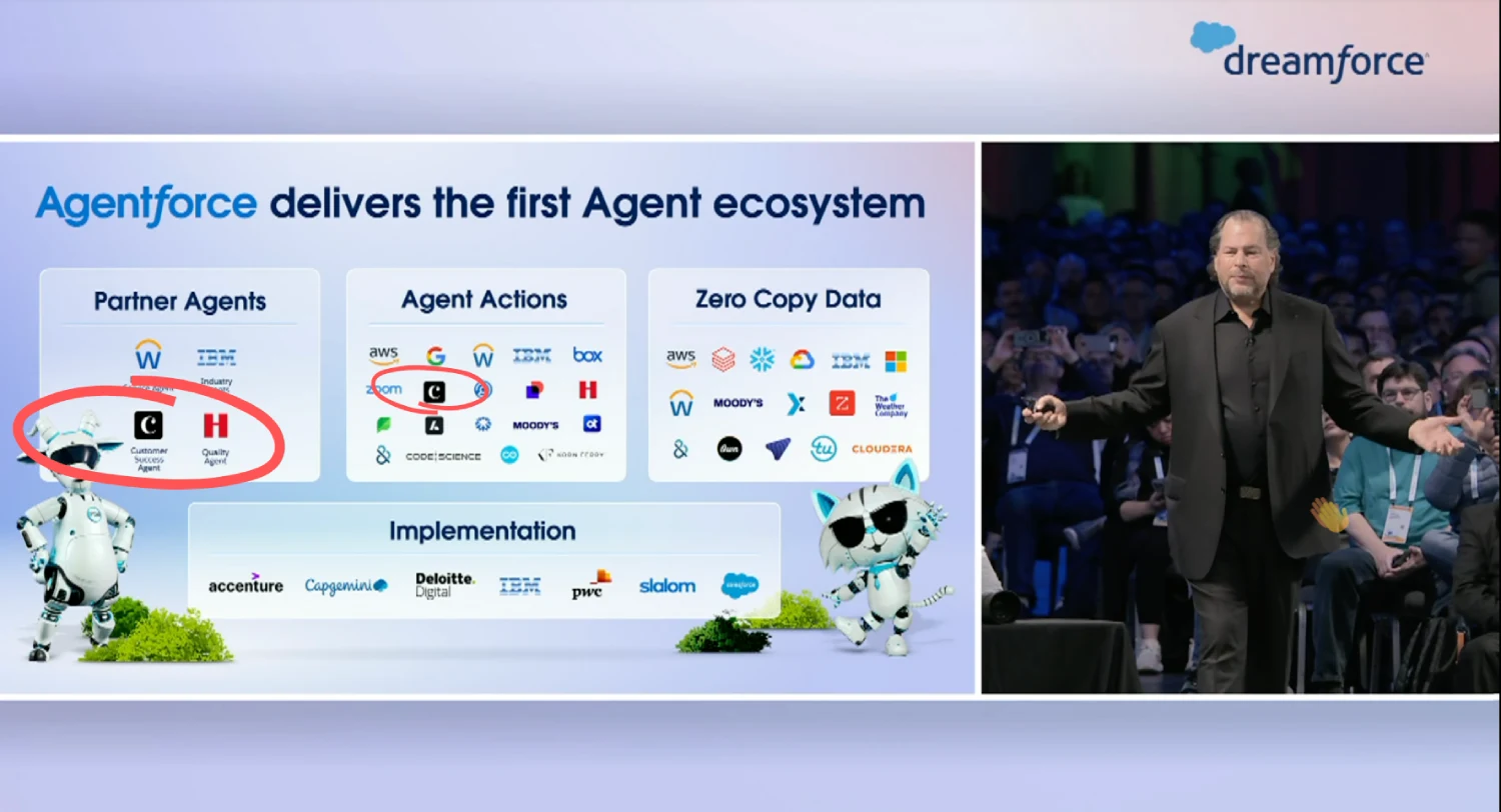 Dreamforce slide showing Agentforce ecosystem with Certinia featured under Partner Agents and Agent Actions