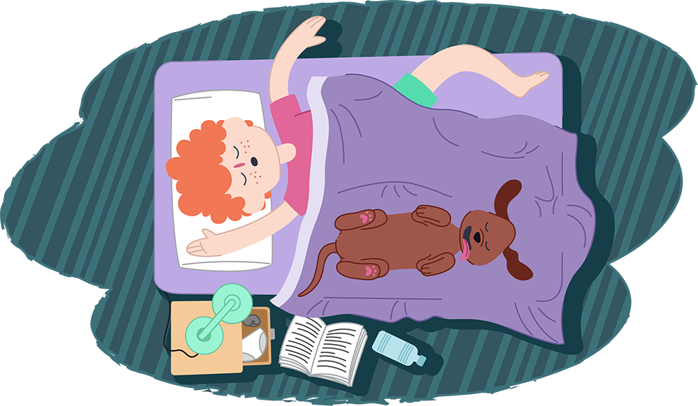 Illustration of a child lying on a bed under a blanket with a dog beside them. A bedside table holds a lamp, an open book, and a drink bottle.