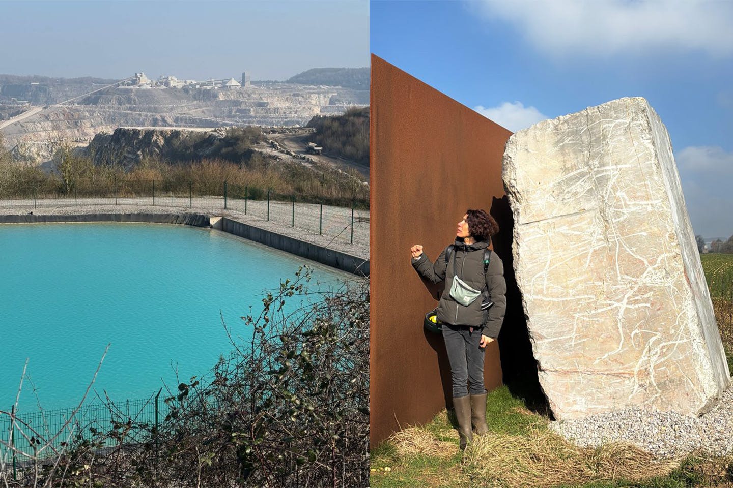 Francesca Bonesio shown outdoors at PRIMA in front of a sculpture by Marion Conte and Olivier Roldès and view of the quarry site from PRIMA park.