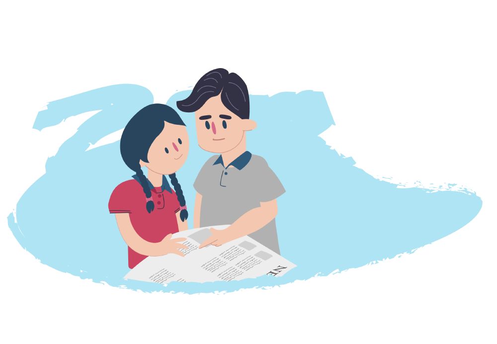An adult and a child standing together and looking at a newspaper