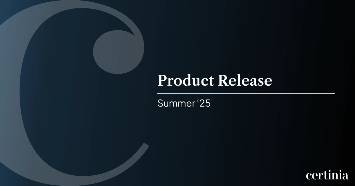 Dark gradient slide with large Certinia “C” logo and centered white text reading “Product Release" and "Summer '25"
