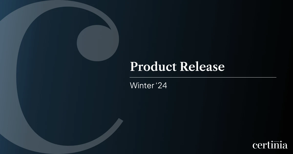 Dark gradient slide with large Certinia “C” logo and centered white text reading “Product Release” and "Winter '24"