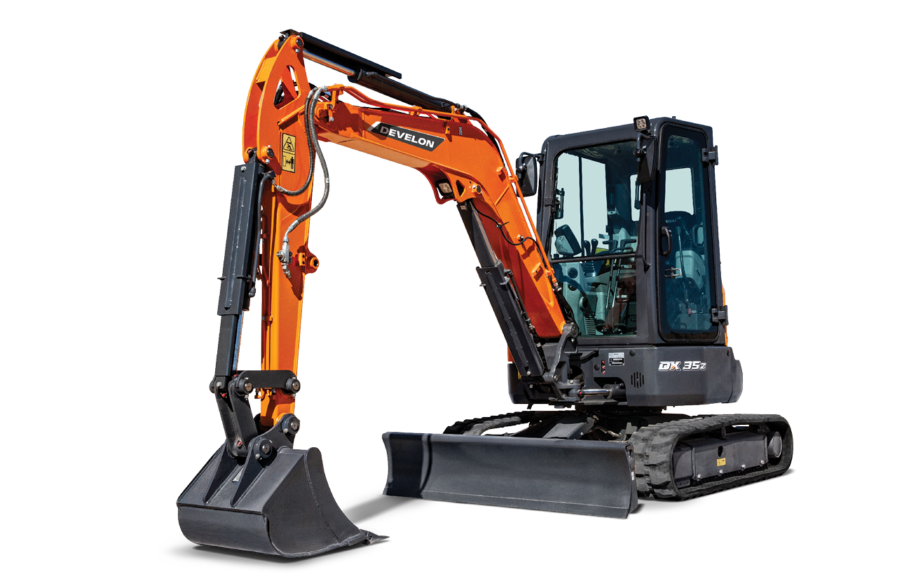 A DEVELON DX35Z-7K (compact) mini excavator on a white background. 