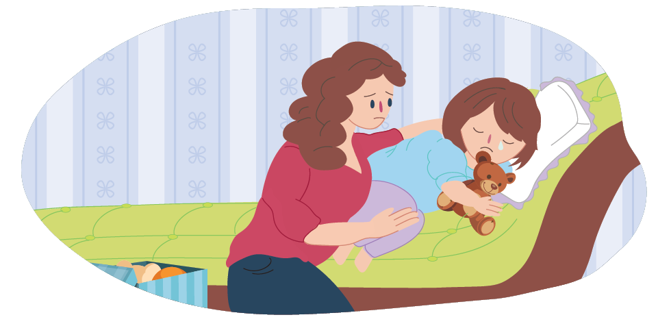 A mother sitting beside her child who is lying in bed holding a teddy.
