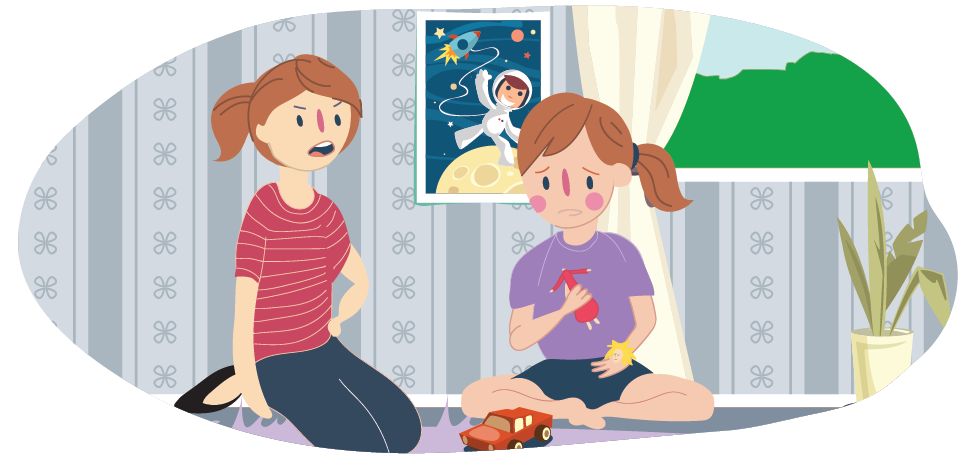 An adult kneeling and talking while a child sits on the floor holding a broken doll. 