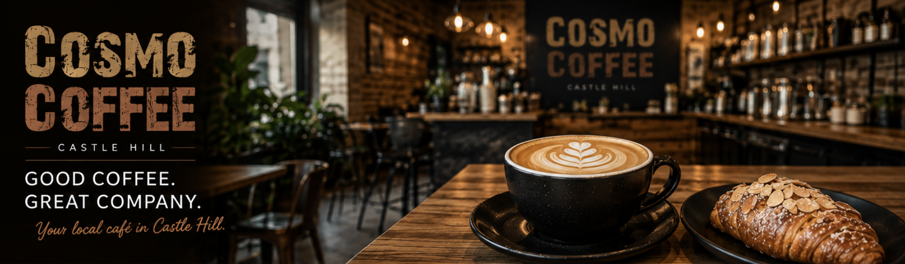 Cosmo Coffee Castle Hill café featuring freshly brewed coffee, a latte, and a pastry in a warm and inviting café setting.
