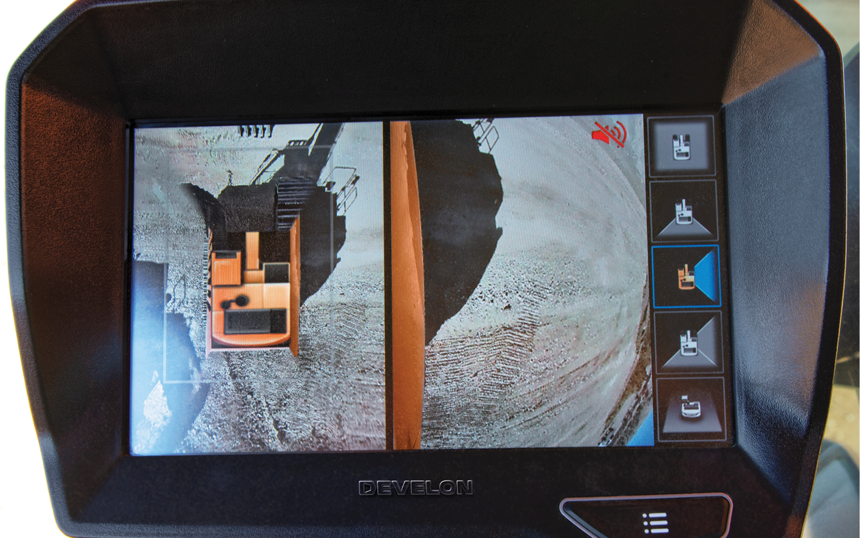 Around view monitor (AVM) camera system shown on a display screen.