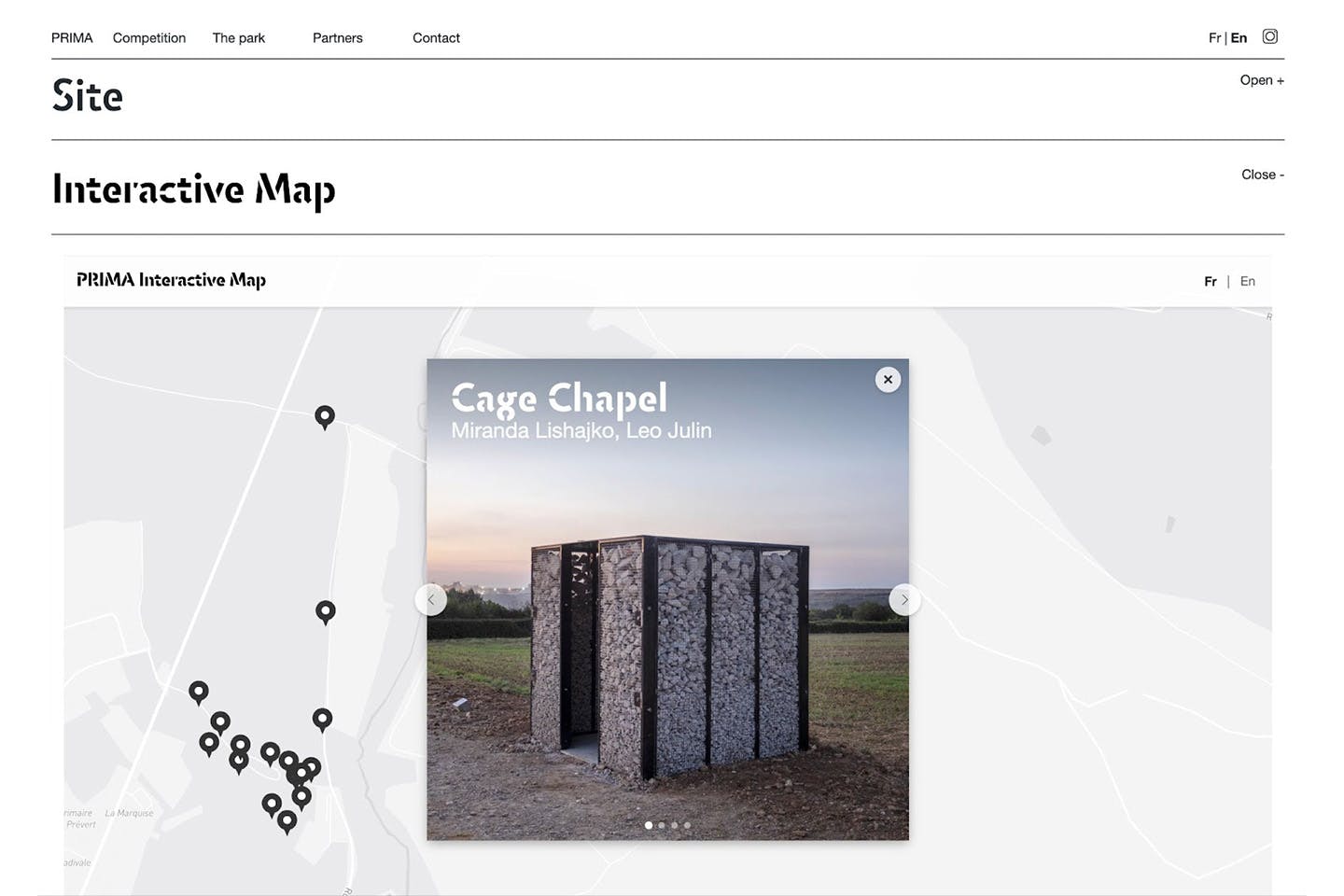 A mockup of a website interface for exploring the PRIMA park and site displays an image of Cage Chapel by Miranda Lishajko and Leo Julin along with map pointers.