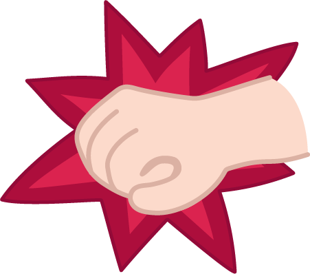 Illustrated clenched fist positioned in front of a jagged starburst shape.