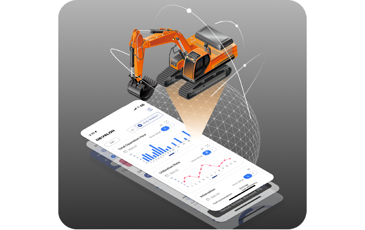 Graphic showcasing DEVELON crawler excavator integrated into the MY DEVELON platform. 