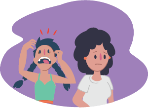 Two illustrated people shown side by side, one holding their head with raised arms and the other standing with arms down, against an abstract background.