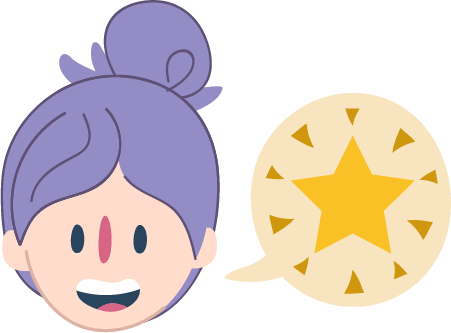Illustrated face with a speech bubble containing a star symbol.