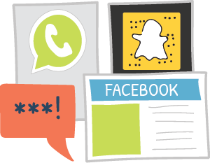 Illustrations of message and social media icons, including WhatsApp, Snapchat, Facebook, and a speech bubble containing &ldquo;****!&rdquo;.