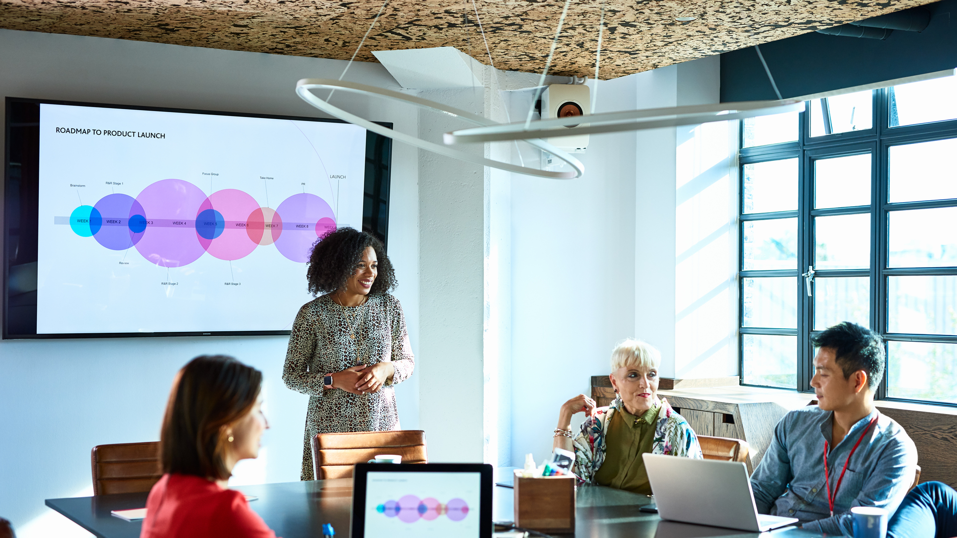 Attractive businesswoman heads strategy meeting in board room