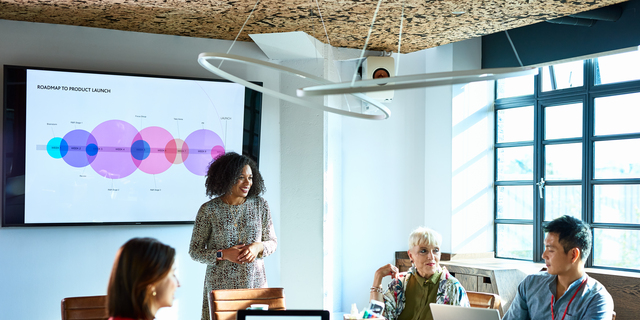 Attractive businesswoman heads strategy meeting in board room