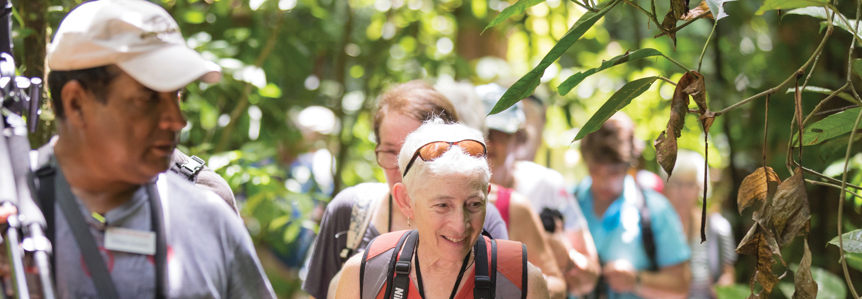 A group of travelers hike on a trail through a lush, green forest during a nature tour in Costa Rica.
