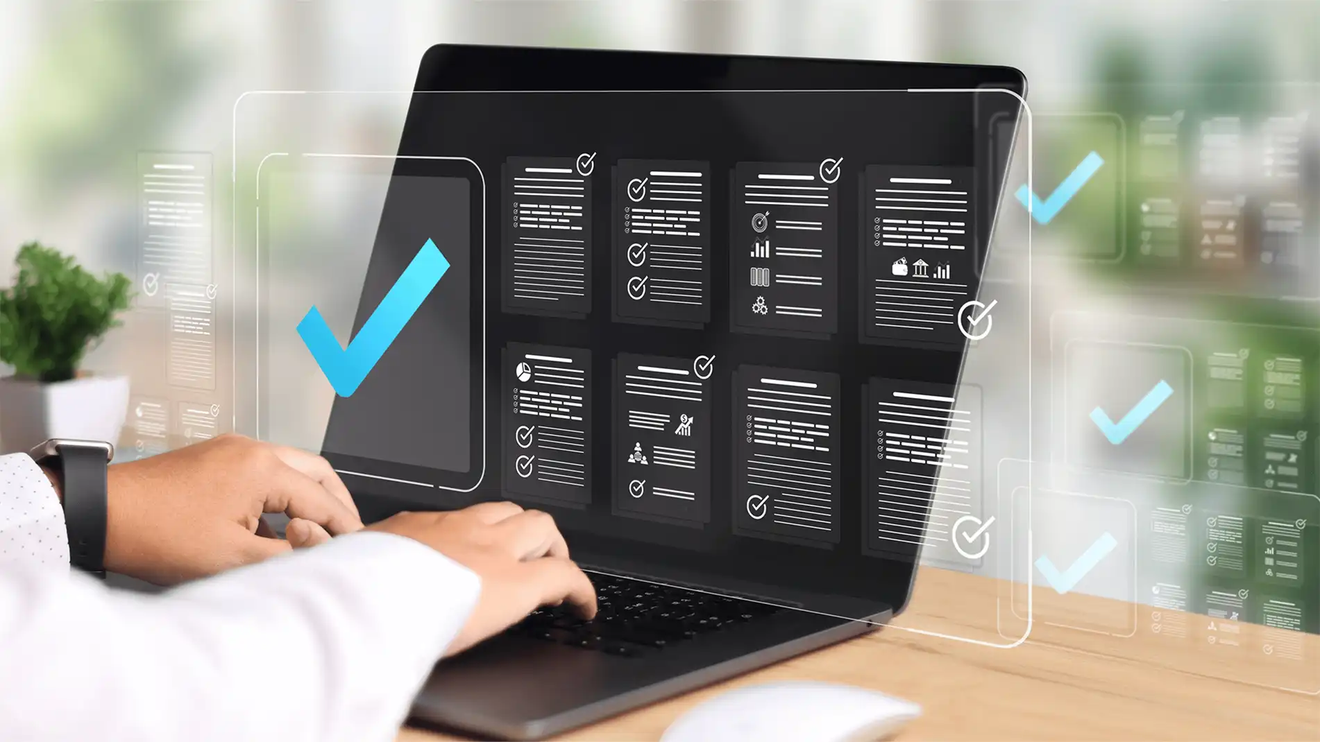 Abstract image of a man holding a laptop computer screen.