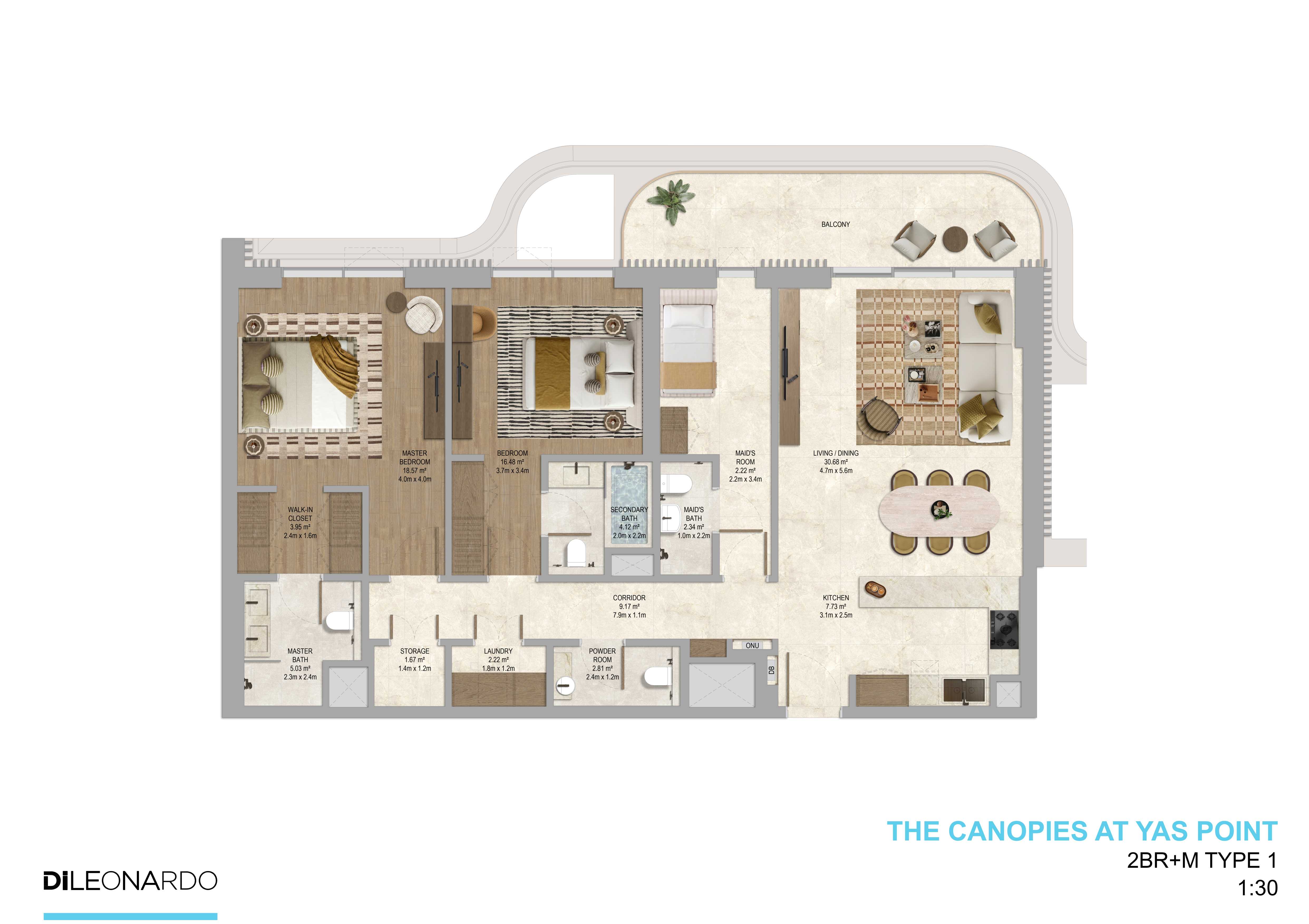The Canopies at Yas Point 2 bedroom plus maid, Type 1 floor plan