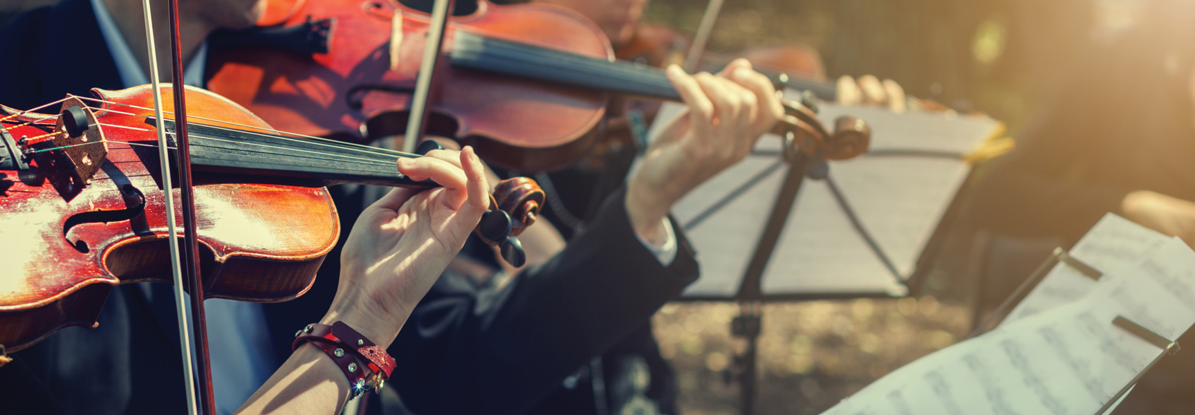 Close-up of musicians playing violins in an orchestra during an outdoor performance in Massachusetts.