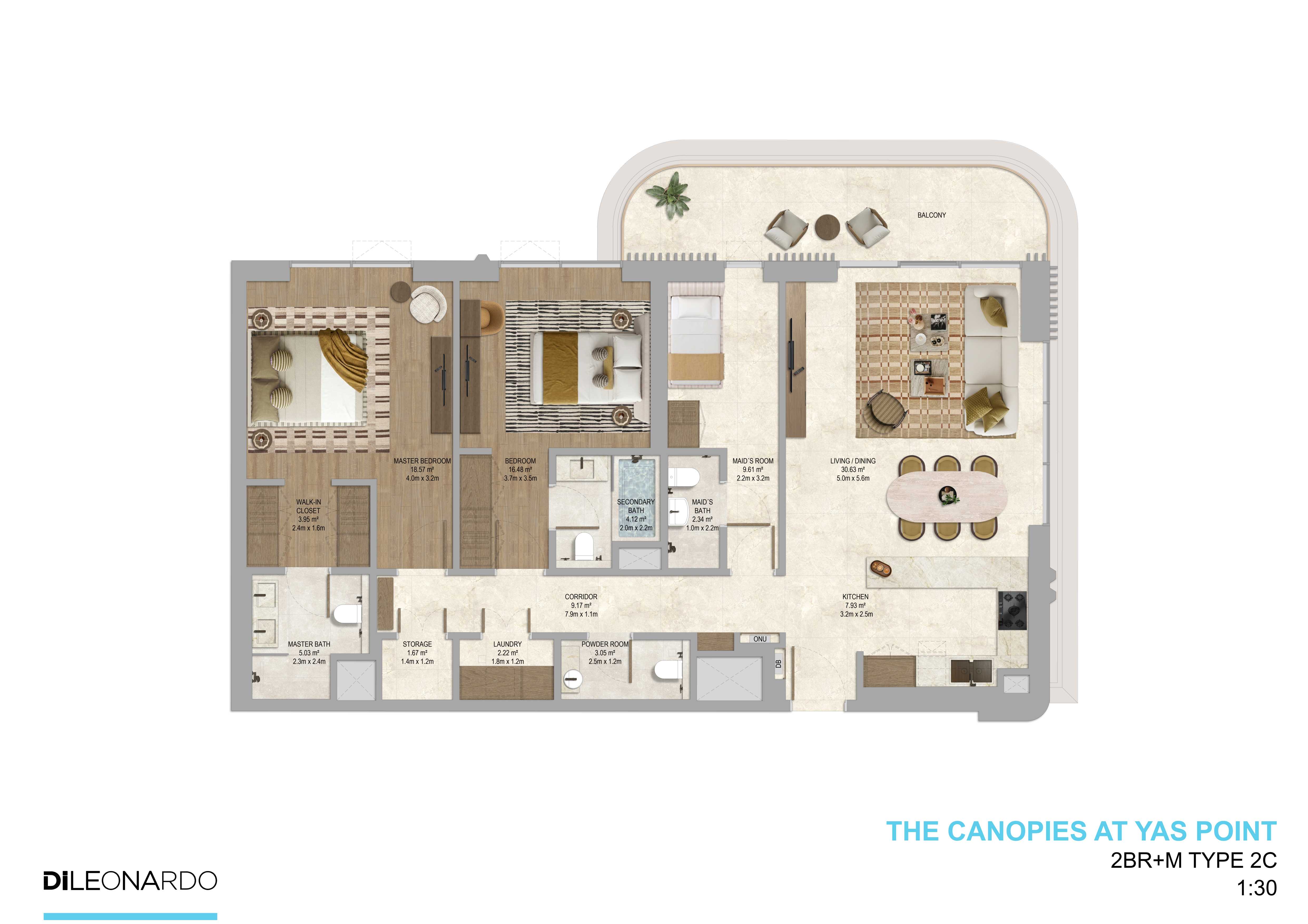 The Canopies at Yas Point 2 bedroom plus maid, Type 2C floor plan