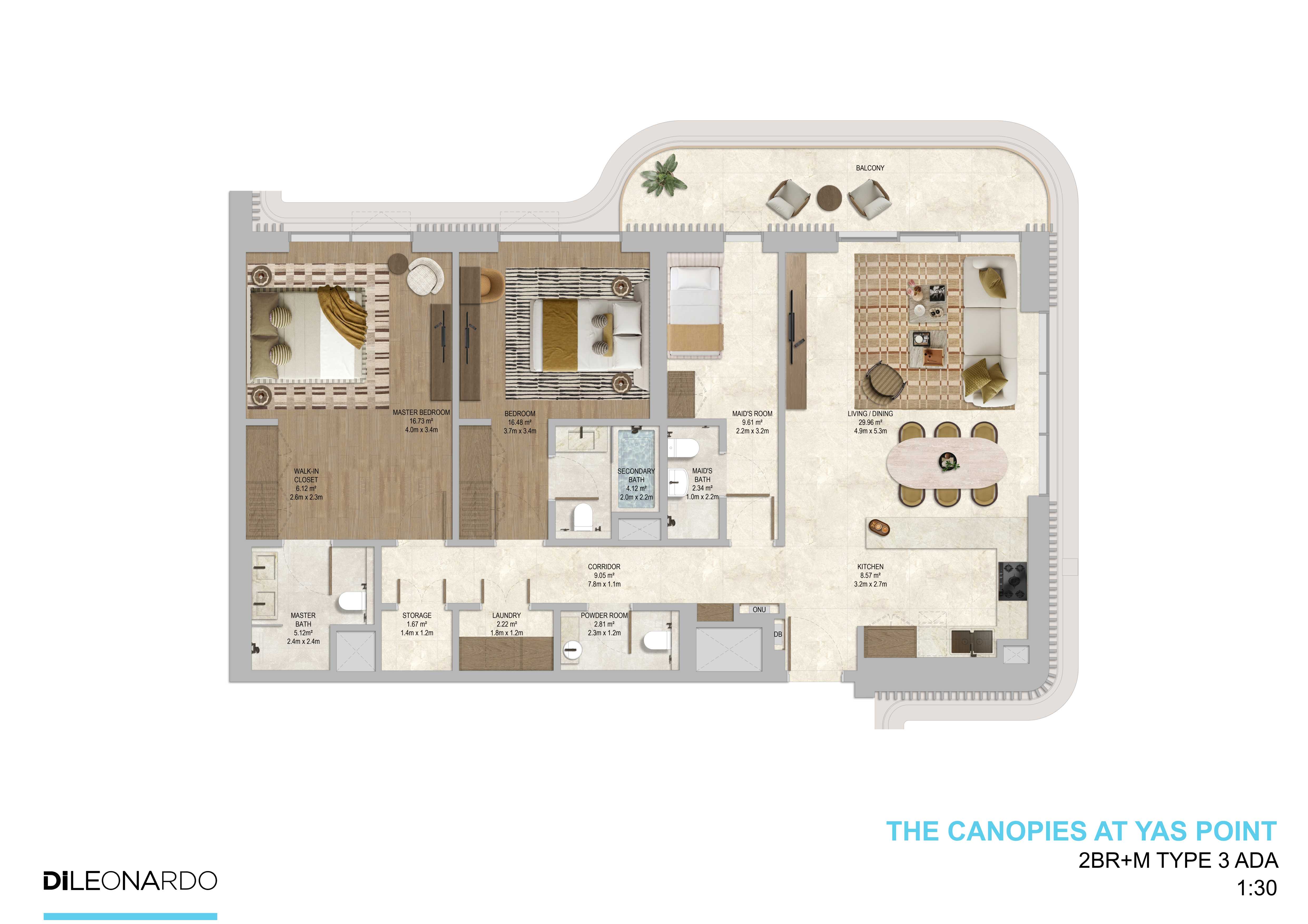 The Canopies at Yas Point 2 bedroom plus maid, Type 3 floor plan