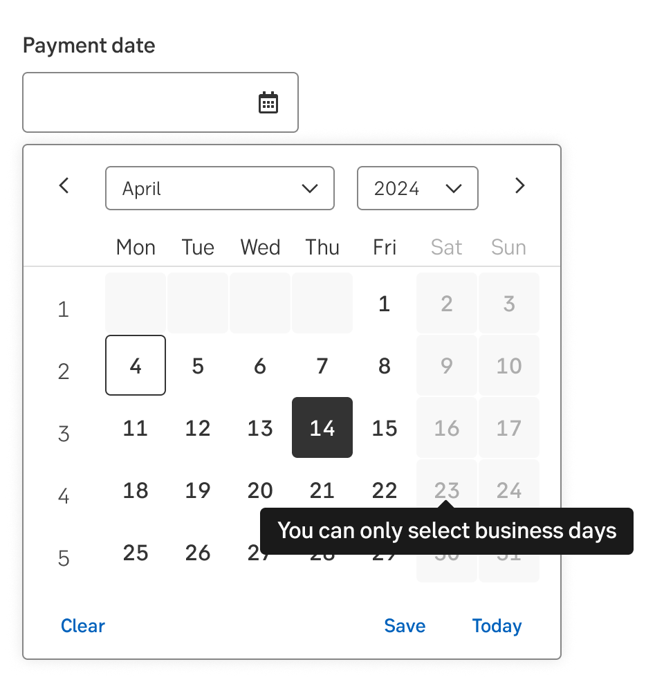 You can only select bankdays