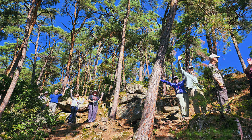 A group of people waves while walking through a scenic alpine forest landscape during a trek in Austria, Germany, or France.