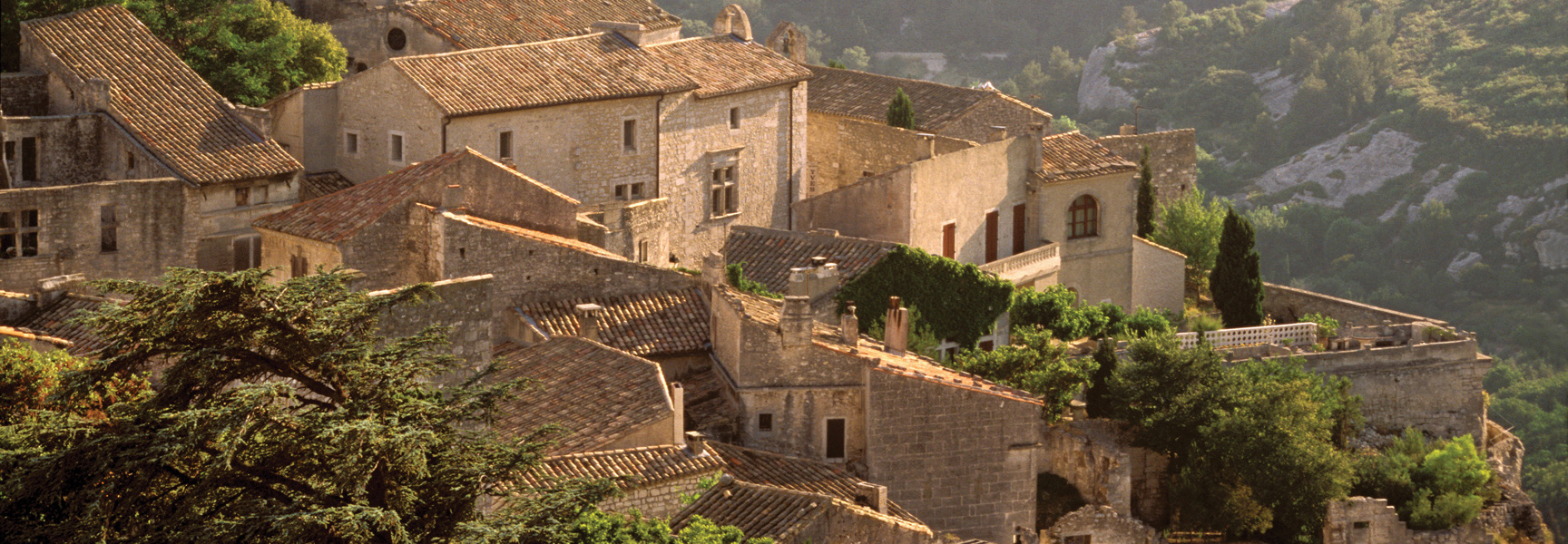 A cluster of stone houses with terracotta roofs are built into a sunny, green hillside in Provence, France.