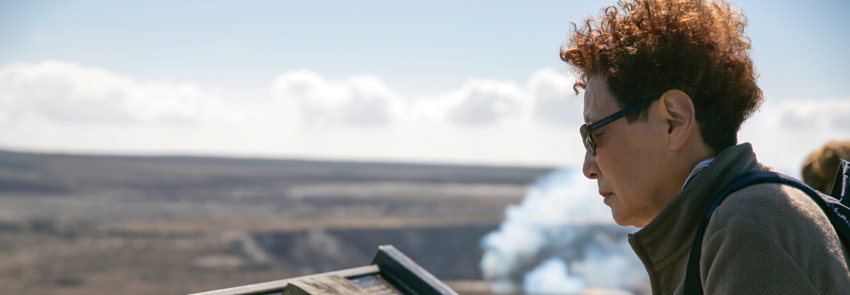 A person looks out over a vast volcanic landscape in Hawaii, with a plume of steam rising in the distance.