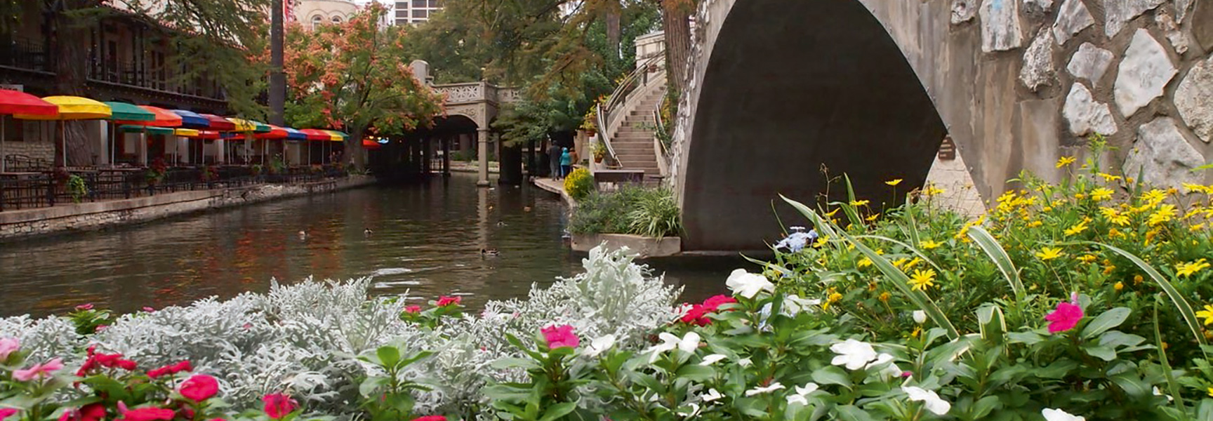 Colorful flowers and umbrellas line the San Antonio River Walk in Texas, with a stone bridge arching over the water.